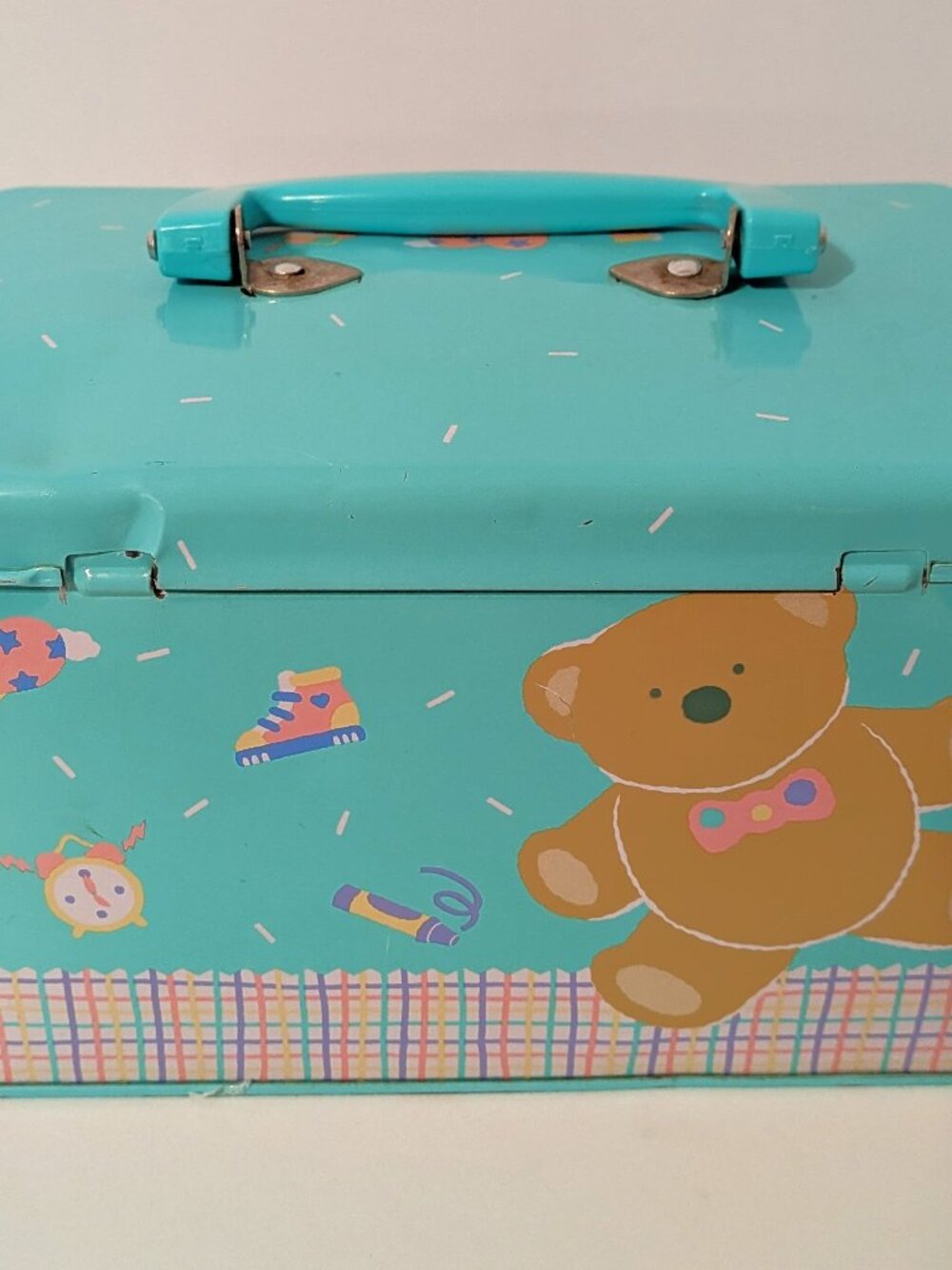 Vintage 1980s Sanrio Tweedle Dee Dee Bear Just for Fun Tin Turquoise RARE Japan